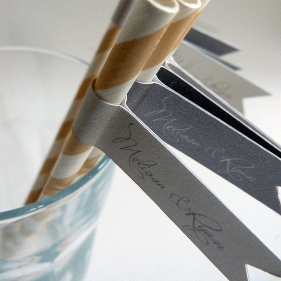 Wedding Favor Straws and Flags - Personalised x 25 - Ivory gold lilac wedding favour